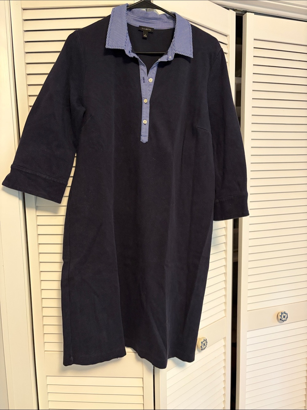 Talbots Navy Blue Long Sleeve Polo Dress with Blue Gingham Trim